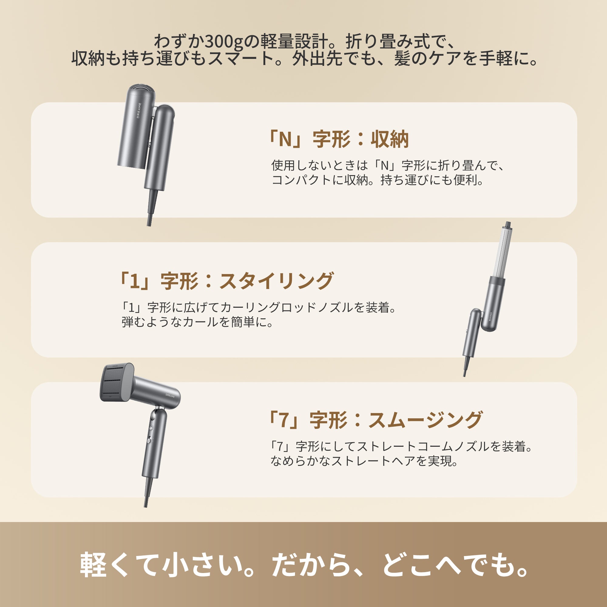Dreame (ドリーミー) Pocket 速乾ヘアドライヤー 3つの折りたたみフォーム プロフェッショナルなスタイリング 軽量300g 11万回転/分のモーター 3億個/cm³のプラチナマイナスイオン 57℃恒温 約40秒の速乾 静音ヘアドライヤー